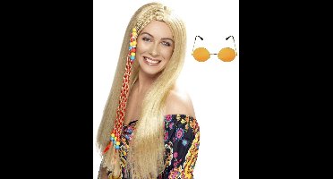Smiffys Hippie Sixties verkleedset dames - Pruik lang haar blond - bril met ronde glazen roze - Flower Power thema