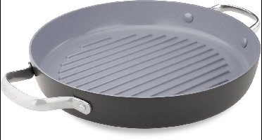 Greenpan Venice Pro Aluminium Grillpan rond Ø 28cm – PFAS-vrij - Inductie – Ovenbestendig tot 220°C – Vaatwasserbestendig – Snelle opwarming – RVS handgrepen - Zwart