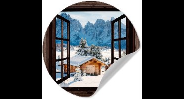 WallCircle® - Behangcirkel 30x30 cm - Muurstickers Doorkijk - Winter - Landschap - Huisje - Bergen - Muurcirkel woonkamer - Wandcirkel slaapkamer - Kamer decoratie zelfklevend - Muurdecoratie accessoires