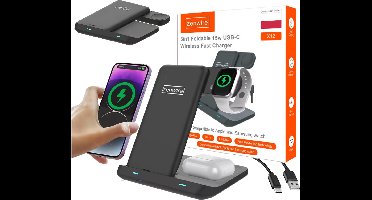 Zenwire X12 3-in-1 Draadloze Oplader (15W snellader USB-C) - Opvouwbaar - Wireless Fast Charger - Geschikt voor iPhone & Android Smartphones - Geschikt voor Smartphone Apple iPhone iWatch TWS Airpods Galaxy Buds Watch - Draadloos Qi Station