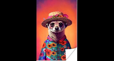 Poster Meerkat - Bloemen - Hoed - Dieren - Portret - 20x30 cm