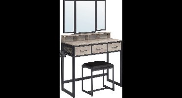 Hoppa! kaptafel met 3-delige klapspiegel, Haardroger Houder, make up tafel met gestoffeerde kruk, 3 lades, greige-zwart