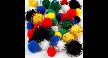 Pompons, d 15+20 mm, diverse kleuren, 48 div/ 1 doos