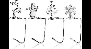 Nordivar - Kerstsokhouder Set van 4 stuks, Metaal Kerstboom Eland Sneeuwvlok Decoratie, Koushouder Mantel Open Haard Feest Huis (Zilver)