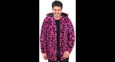 Bontjas met Kap Pluche Luipaard Neon Roze - Maat S-M