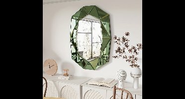 Wandspiegel – Passpiegel – Badkamerspiegel – Staande Spiegel – Hangspiegel – Vintage Design – Groene Facetrand – 100 x 72 cm – MDF & Glas