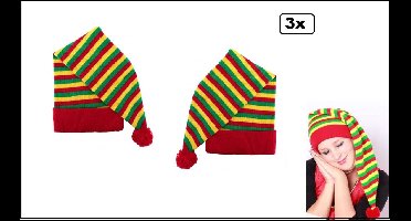 3x Luxe Slaapmuts lang gestreept rood/geel/groen - Slaap muts Themafeest fun carnaval optocht slaapfeest festival thema feest verjaardag fun