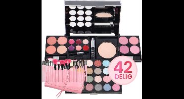Beauty Box 42-delig met Spiegel & 24-Delige Premium Roze Kwastenset – Ideaal voor onderweg & als cadeau – Extra Klein