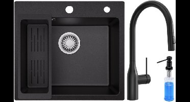 SOFETIY MAX Granieten Spoelbak Zwart / Antraciet (50*45cm) - Spoelbak Keuken Met Uittrekbare Uitloop Keukenkraan en Zeepdispenser 300ML - Spoelbakken Keuken – Wasbak Keuken Met Waterafvoersysteem