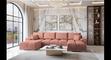 U-vormige Fluwelen Hoekbank met Slaapfunctie en Opbergruimte 365x189 cm – Luxe U-Slaapbank met Bedfunctie & Kussens – Comfortabele Grote Hoekbank voor 4 Personen – Roze (MO-61) – Novihome