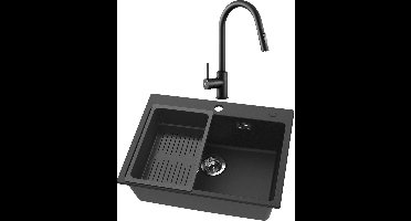 CECIPA max Granieten Spoelbak voor keuken 60x45cm Antraciet - Spoelbakken Keuken Met Keukenkraan - Roestvrij staal - Wasbak met waterafvoersysteem - Granieten spoelbak met afdruip