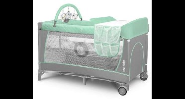 LIONELO Flower Campingbedje 2-in-1: Opvouwbaar Reisbedje & Ledikant met Matras, 2 Verstelbare Hoogtes, Verschoontafel met Organizer, Speelboog, Zij-ingang, Wielen, Draagtas + Bamboe Swaddle, Turquoise