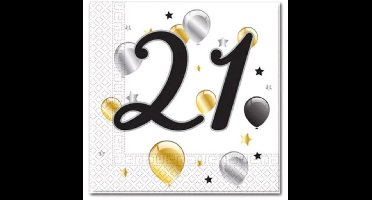 40 Servetten met 21 en ballonnen en sterren - Wit - Zwart - Zilver - Goud - 33 x 33 cm - 2-Laags - Decorata Party