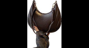 Mini Halve Maan Schoudertas Dames - Met Acryl Ketting Decoratie - Elegante PU Rits Handtas - Koffie Bruin