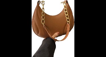 Mini Halve Maan Schoudertas Dames - Met Acryl Ketting Decoratie - Elegante PU Rits Handtas - Bruin