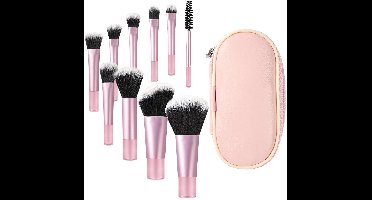 PULUZ 10 Stuks Mini Make-Up Kwasten Set - Roze Professionele Gezichtsborstels Met Draagtas - Foundation Poeder Blush Oogschaduw Borstels - Zachte Synthetische Vezels - Ideaal Voor Beginners