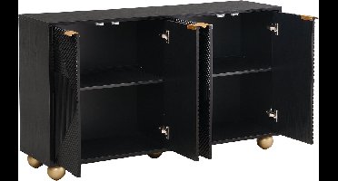 Dressoir met vier gegoten deuren, verstelbare binnenplanken, metalen handgrepen en bolvormige poten.