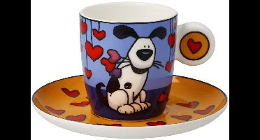 Goebel - Ed Heck | Kop en schotel Espresso Love Dog | Porselein - 12cm - 100ml - 2 stuks