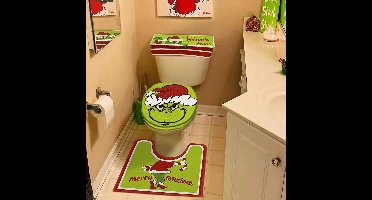 Mmgoqqt 4-Delige Grinch Wc Mat Set - Wc Brilhoes Vloermat Watertankhoes - Groen - Kerst Decoratie Badkamer Accessoire