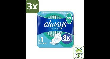 3 x Always – Maandverband – Ultra Normal Plus – 14 Maandverbanden - Grootverpakking - Maandverband Met Vleugels - Normale Menstruatie - Altijd Ultra Normal Plus - Ultradun Maandverband - Comfort Maandverband