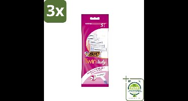 3 x Bic - Twin Lady - Scheermesjes - Dubbel Mesje - Wegwerpmesjes - 5 Scheermesjes - Grootverpakking - Scheermesjes - Wegwerpscheermesjes - Scheermesjes Dames - Gladde Huid - Scheermesjes Bic