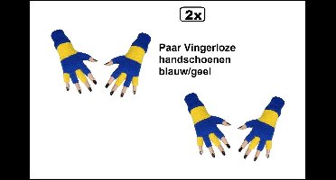 2x Paar vingerloze handschoen blauw/geel - Feest festival thema feest party optocht themafeest