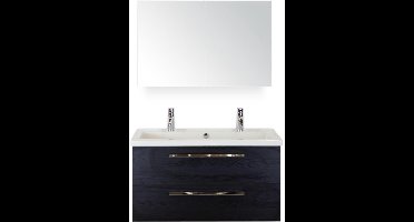 Seville Badmeubelset 100 cm - Black Oak - Wastafel Djazz 2 Kraangaten met Spiegelkast