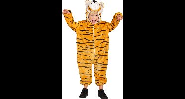 Dieren Kostuum Tijger Kinderen - Pluche - Dieren Onesie - Carnaval - Verkleedkleren Kinderen - Oranje/Zwart - Maat 164