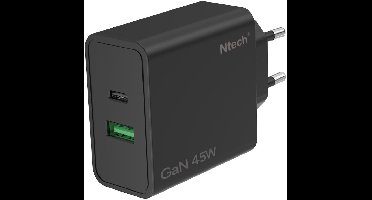Ntech - USB C Adapter 45W en USB-A 18W - USB C Oplader Zwart - USB C Snellader - USB C Lader - Universeel o.a. Telefoons & Laptops