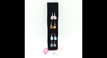 Gemstone set 4 paar oorbellen ( Tijgeroog, Roze kwarts, Turkoois, Opaal glas)