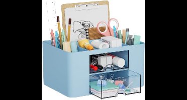 Bureau-organizer - 7 vakken - 2 lades - Kunststof - Tafelbladmontage - 20,6D x 16,5B x 10,9H centimeter - Kleur : Blauw