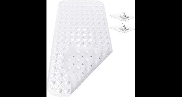 Badmat - 100 x 40 cm (Rechthoekig) - Polyvinylchloride (PVC) - antislipmat - machinewasbaar - veilig - Geur en schimmelvrij - Kleur : wit + 2 haken .