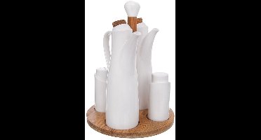 Orion - Porseleinen kruidenrek - 5 Delig - Wit - Bamboe standaard