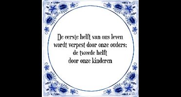 Tegeltje met Spreuk (Tegeltjeswijsheid): De eerste helft van ons leven wordt verpest door onze ouders; de tweede helft door onze kinderen + Kado verpakking & Plakhanger