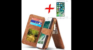 Hoesje geschikt voor Apple iPhone 7 / 8 Hoesje Portemonnee Luxe Kunstlederen Wallet Case met Afneembare Back Cover Bruin + Screenprotector Gehard Glas van iCall