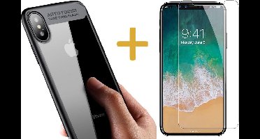 Transparant Siliconen Hoesje Zwart geschikt voor Apple iPhone Xs / X + Screenprotector Tempered Glass - Case van iCall