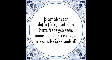Tegeltje met Spreuk (Tegeltjeswijsheid): Is het niet raar dat het lijkt alsof alles hetzelfde is gebleven, maar dat als je terug kijkt er van alles is veranderd? + Kado verpakking & Plakhanger