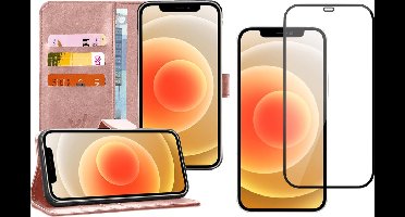 Hoesje geschikt voor iPhone 12 Mini - Screen Protector FullGuard - Book Case Kunstleer Pasjeshouder Rosegoud & Screenprotector