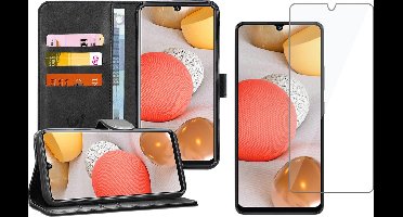 Hoesje geschikt voor Samsung Galaxy A42 - Screen Protector GlassGuard - Book Case Kunstleer Pasjeshouder Zwart & Screenprotector
