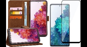 Hoesje geschikt voor Samsung S20 FE en Screenprotector - Book Case Kunstleer Wallet Cover Bruin + Screen Protector Glas Full Screen