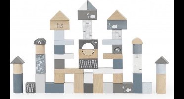 Label Label - Houten Blokken in Ton - Blauw - 50 Stuks met Verschillende Vormen en Figuurtjes - Inclusief Deksel met Hengsel - Geschikt voor Kindjes vanaf 2 Jaar