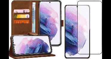 Hoesje geschikt voor Samsung Galaxy S21 - Screen Protector FullGuard - Book Case Kunstleer Pasjeshouder Bruin & Screenprotector