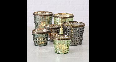 Windlichten -  6 stuks - Antiek  glas  - 11cm - 8cm- Metalen ring