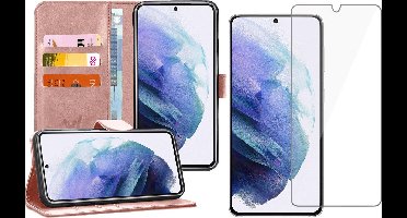 Hoesje geschikt voor Samsung Galaxy S21 Plus - Screen Protector GlassGuard - Book Case Kunstleer Pasjeshouder Rosegoud & Screenprotector