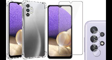 Hoesje geschikt voor Samsung Galaxy A32 5G - Screenprotector GlassGuard & Camera Lens Screen Protector - Back Cover Case ShockGuard Transparant