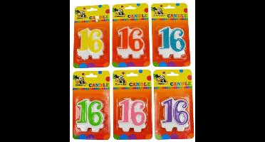 Verjaardagskaars cijfer 16 oranje-wit/geel-wit