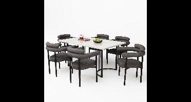 Eettafelset – Eethoek – Diningset – Eettafel Met Stoelen – Meubelset – Grijs Suède – Metalen Poten – Comfortabele Open Armleuningen
