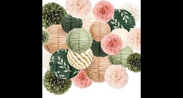 Set van 24 saliegroene tissue pompons en gouden hangende papieren lantaarns - perfect voor babyshowers, bruiloften, vrijgezellenfeesten, verjaardagen en meer
