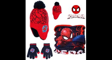 Marvel Spiderman Set - 3 Delig - Muts + Nekwarmer + Touchscreen Handschoenen - Rood - Maat 52 cm hoofdomtrek - ± 2-4 jaar