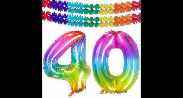 Folat Verjaardag Leeftijd folieballon - 40 jaar - multi kleuren - 86 cm - cijferballon groot - incl 2x feestslingers